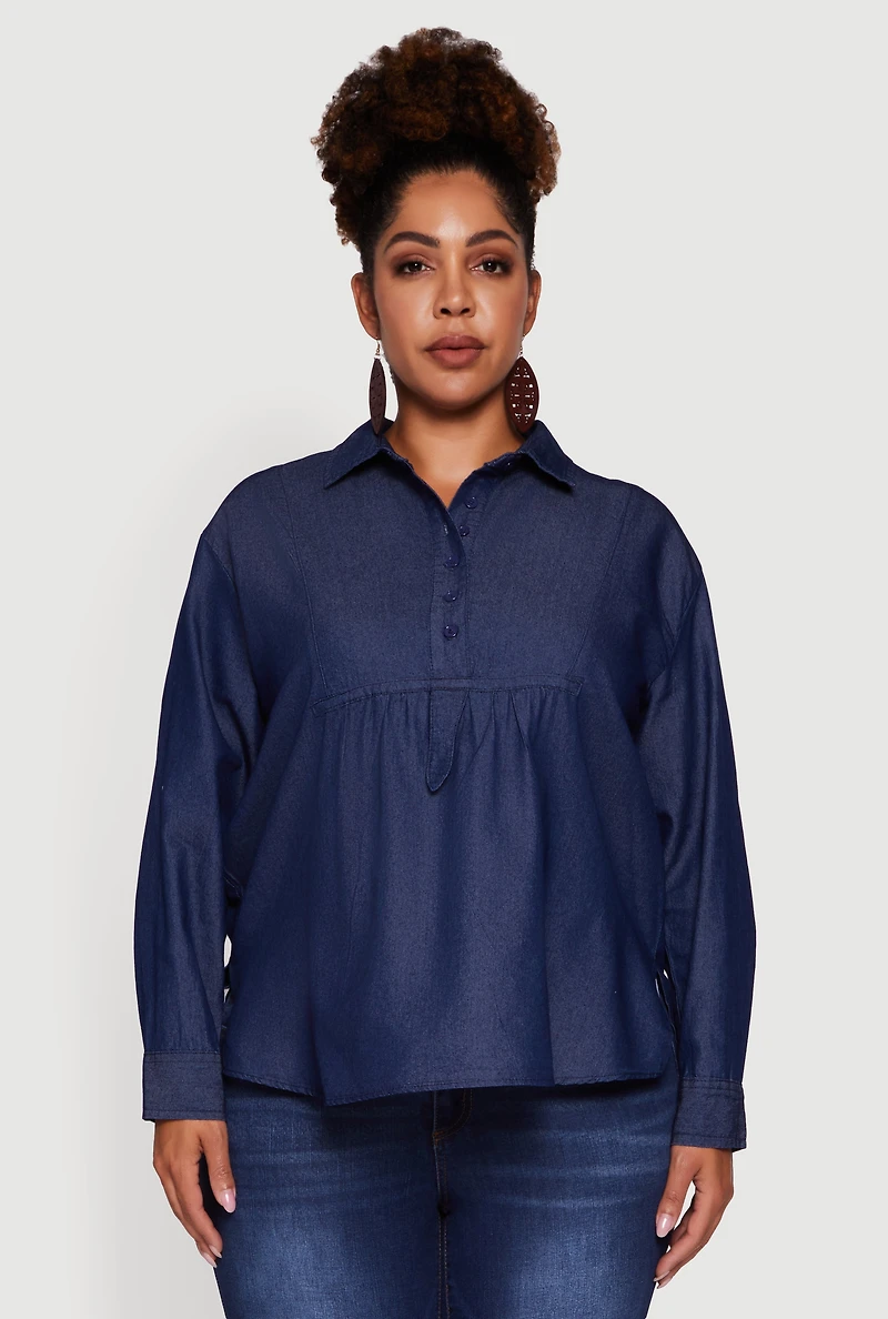 Womens Plus Size Denim Long Sleeve Half Button Front Blouse, Blue, Size 2X