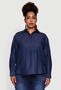 Womens Plus Size Denim Long Sleeve Half Button Front Blouse, Blue, Size 2X