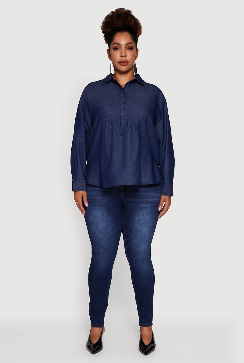 Womens Plus Size Denim Long Sleeve Half Button Front Blouse, Blue, Size 2X
