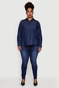 Womens Plus Denim Long Sleeve Half Button Front Blouse, Blue,