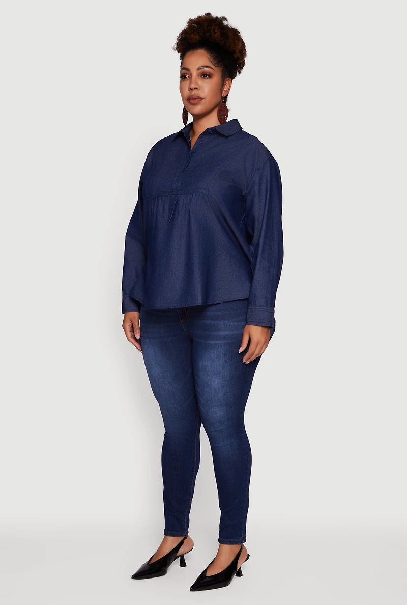 Womens Plus Size Denim Long Sleeve Half Button Front Blouse, Blue, Size 2X