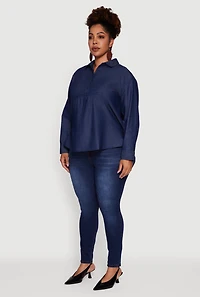 Womens Plus Size Denim Long Sleeve Half Button Front Blouse, Blue, Size 2X