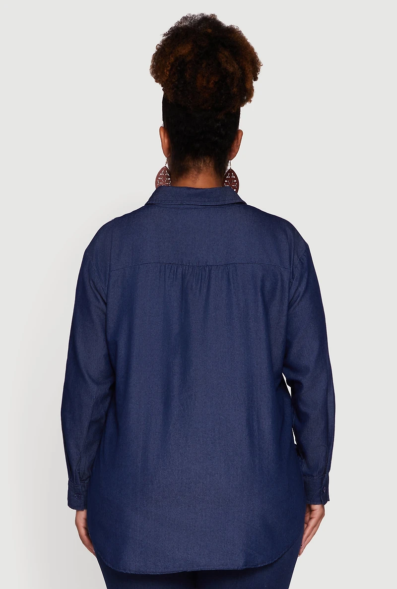 Womens Plus Size Denim Long Sleeve Half Button Front Blouse, Blue, Size 2X