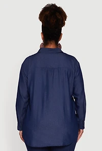 Womens Plus Size Denim Long Sleeve Half Button Front Blouse, Blue, Size 2X