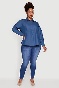 Womens Plus Denim Long Sleeve Half Button Front Blouse, Blue,