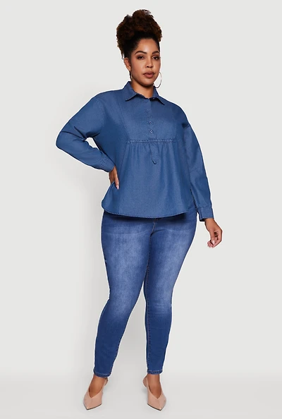 Womens Plus Size Denim Long Sleeve Half Button Front Blouse, Blue, Size 1X