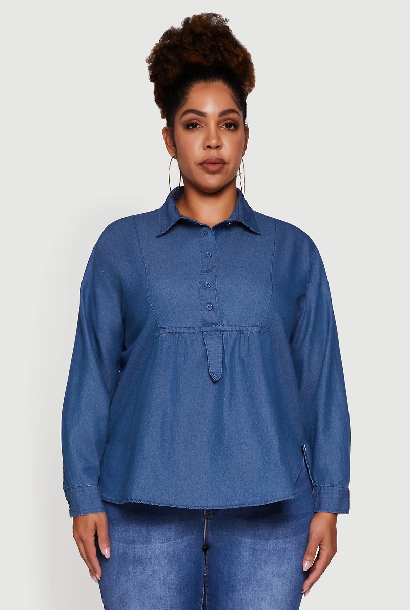 Womens Plus Denim Long Sleeve Half Button Front Blouse, Blue,