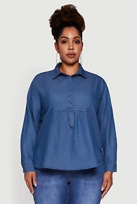 Womens Plus Denim Long Sleeve Half Button Front Blouse, Blue,