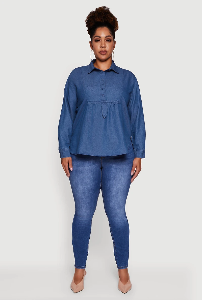 Womens Plus Denim Long Sleeve Half Button Front Blouse, Blue,