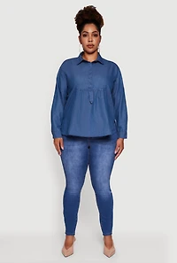 Womens Plus Denim Long Sleeve Half Button Front Blouse, Blue,