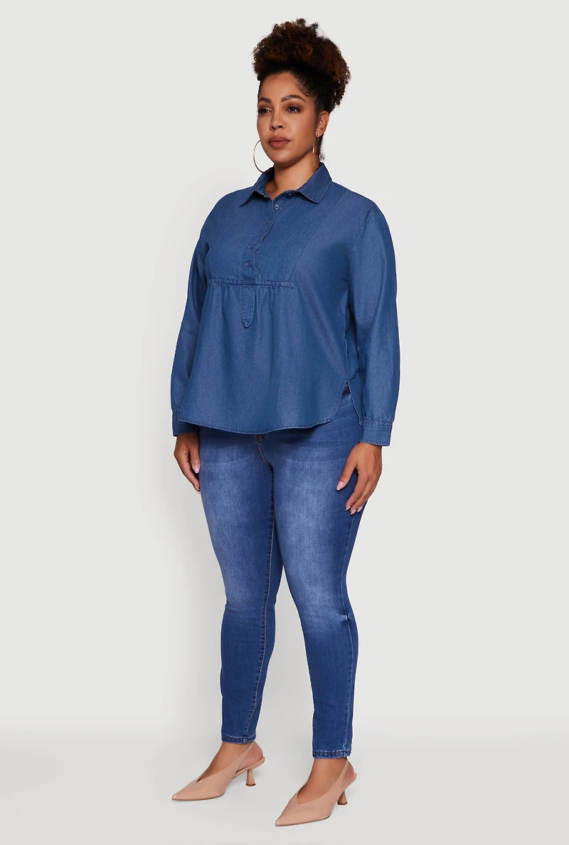 Womens Plus Denim Long Sleeve Half Button Front Blouse, Blue,