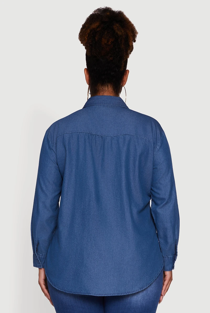 Womens Plus Denim Long Sleeve Half Button Front Blouse, Blue,