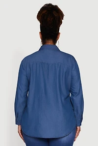 Womens Plus Denim Long Sleeve Half Button Front Blouse, Blue,