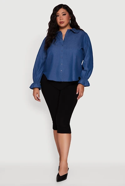 Womens Plus Size Chambray Bell Sleeve Button Front Shirt, Blue, Size 1X