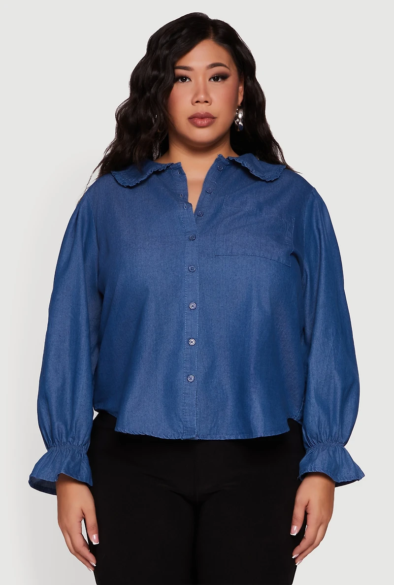 Womens Plus Chambray Bell Sleeve Button Front Shirt, Blue,