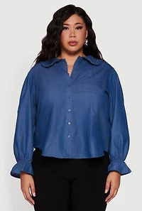 Womens Plus Chambray Bell Sleeve Button Front Shirt, Blue,