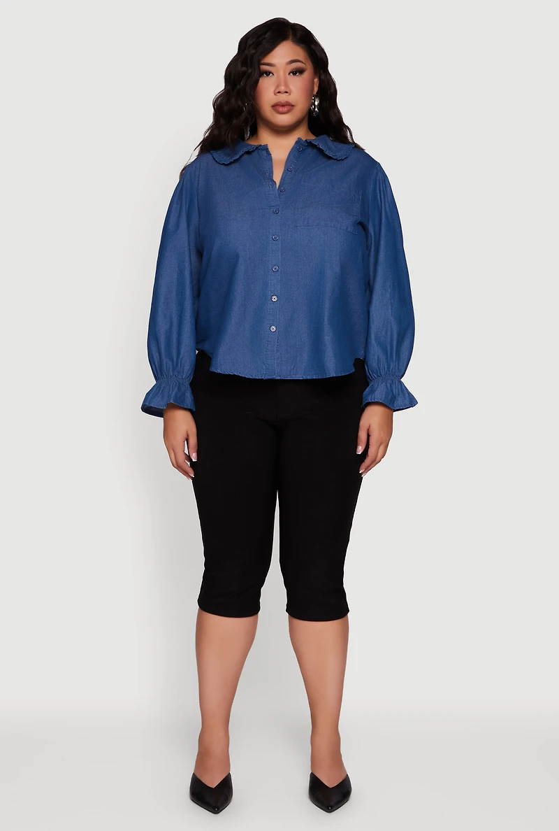 Womens Plus Size Chambray Bell Sleeve Button Front Shirt, Blue, Size 1X