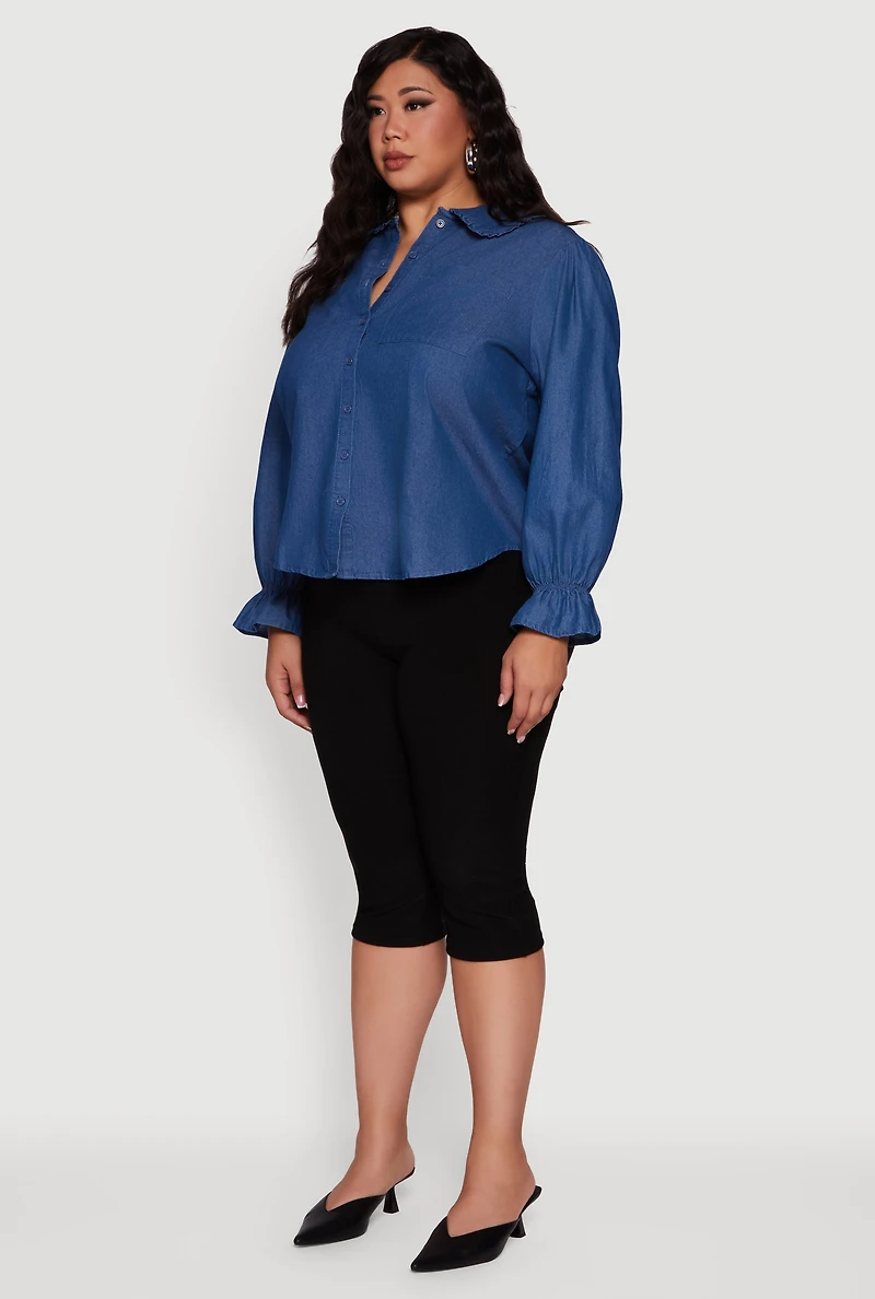 Womens Plus Size Chambray Bell Sleeve Button Front Shirt, Blue, Size 1X