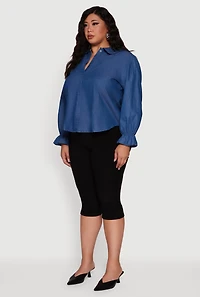 Womens Plus Size Chambray Bell Sleeve Button Front Shirt, Blue, Size 1X