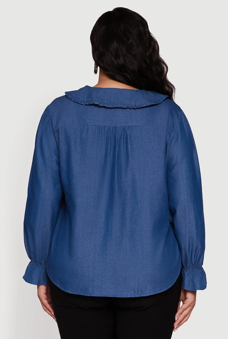 Womens Plus Size Chambray Bell Sleeve Button Front Shirt, Blue, Size 1X