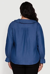 Womens Plus Chambray Bell Sleeve Button Front Shirt, Blue,