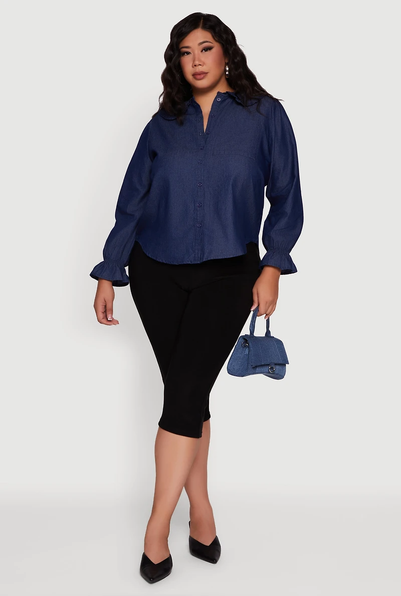 Womens Plus Size Chambray Bell Sleeve Button Front Shirt, Blue, Size 2X