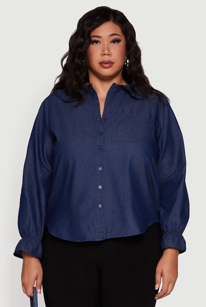 Womens Plus Size Chambray Bell Sleeve Button Front Shirt, Blue, Size 2X