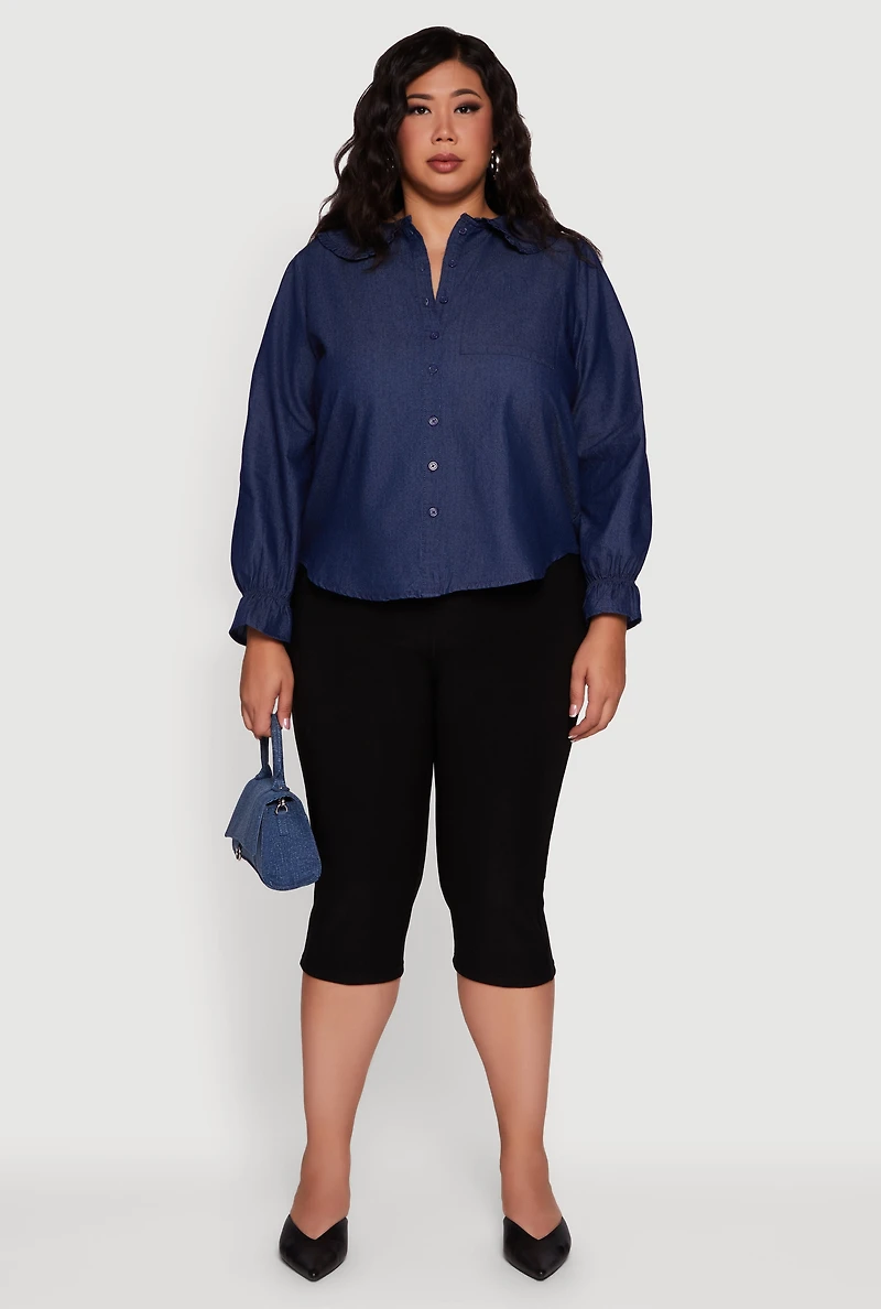 Womens Plus Size Chambray Bell Sleeve Button Front Shirt, Blue, Size 2X