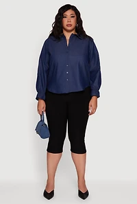 Womens Plus Chambray Bell Sleeve Button Front Shirt, Blue,