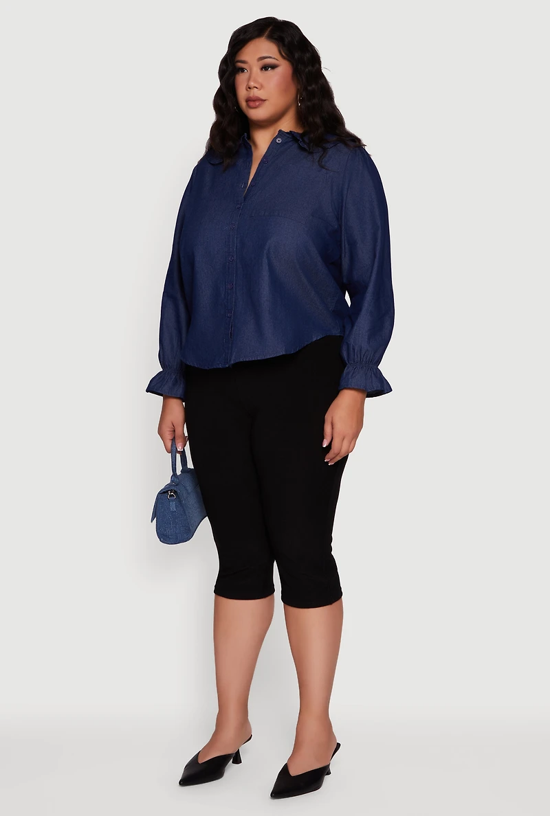 Womens Plus Chambray Bell Sleeve Button Front Shirt, Blue,