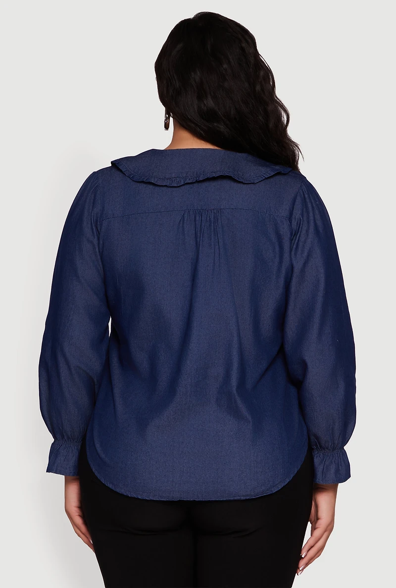 Womens Plus Chambray Bell Sleeve Button Front Shirt, Blue,