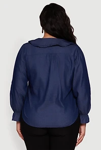 Womens Plus Chambray Bell Sleeve Button Front Shirt, Blue,