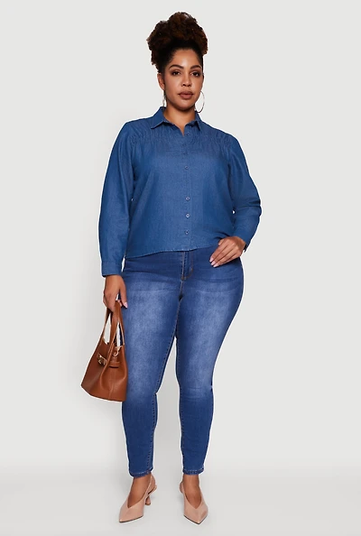 Womens Plus Chambray Ruched Long Sleeve Button Front Shirt, Blue,