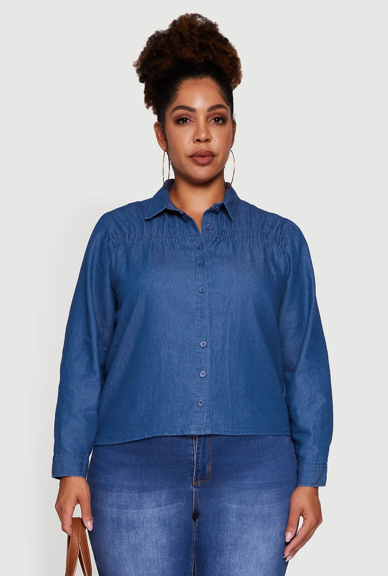 Womens Plus Chambray Ruched Long Sleeve Button Front Shirt, Blue,