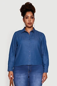 Womens Plus Chambray Ruched Long Sleeve Button Front Shirt, Blue,