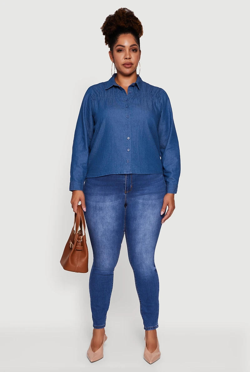 Womens Plus Size Chambray Ruched Long Sleeve Button Front Shirt, Blue, Size 1X
