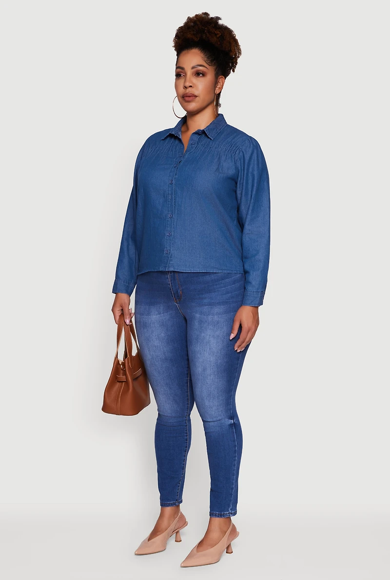 Womens Plus Chambray Ruched Long Sleeve Button Front Shirt, Blue,