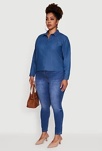 Womens Plus Chambray Ruched Long Sleeve Button Front Shirt, Blue,