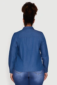 Womens Plus Size Chambray Ruched Long Sleeve Button Front Shirt, Blue, Size 1X