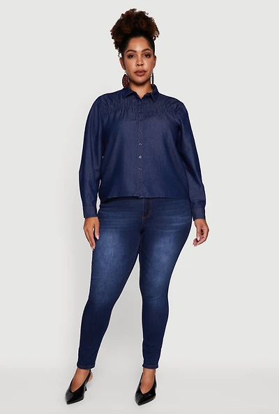 Womens Plus Size Chambray Ruched Long Sleeve Button Front Shirt, Blue, Size 1X
