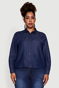 Womens Plus Chambray Ruched Long Sleeve Button Front Shirt, Blue,