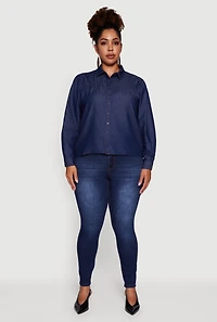 Womens Plus Chambray Ruched Long Sleeve Button Front Shirt, Blue,