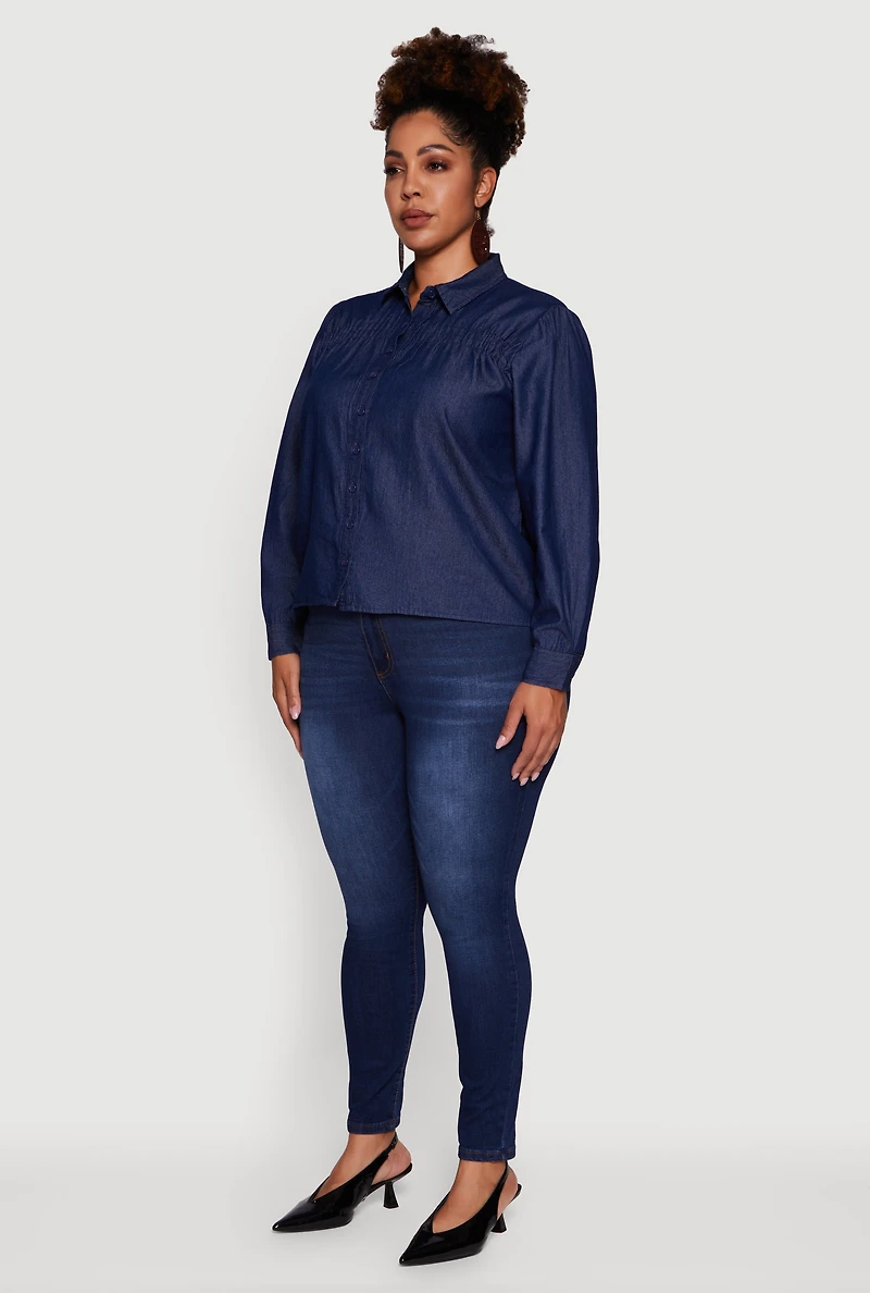 Womens Plus Chambray Ruched Long Sleeve Button Front Shirt, Blue,