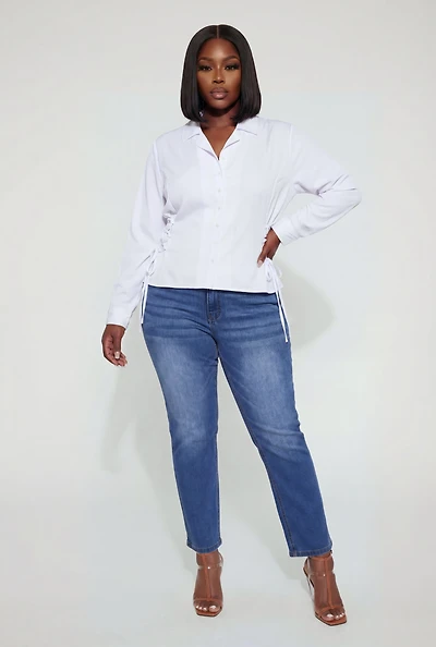 Plus Lace Up Sides Long Sleeve Collared Shirt