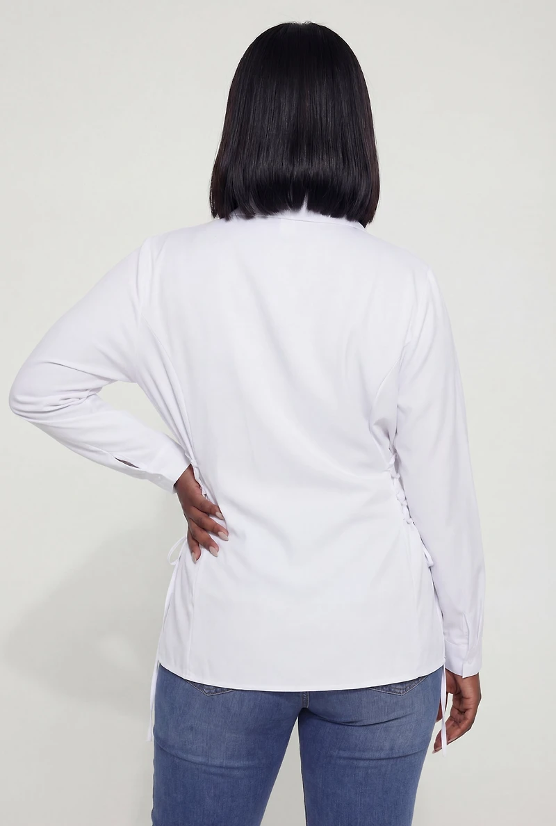 Plus Lace Up Sides Long Sleeve Collared Shirt