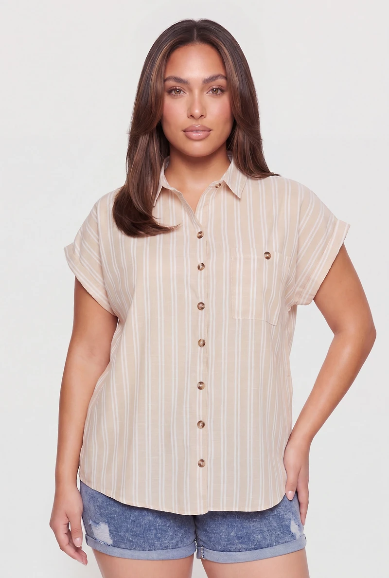 Plus Pocket Detail Button Front Striped Shirt
