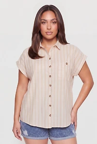 Plus Pocket Detail Button Front Striped Shirt