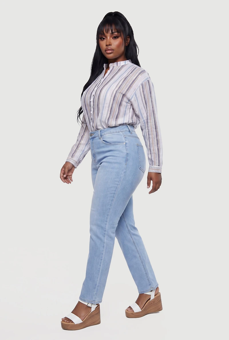 Plus Striped Button Front Mandarin Collar Shirt