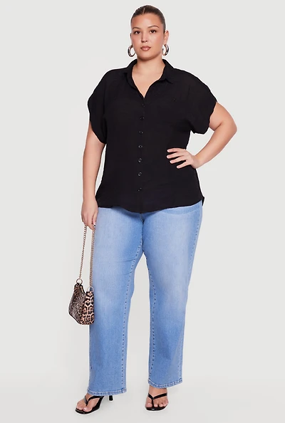 Plus Solid Gauze Knit Short Sleeve Button Front Shirt