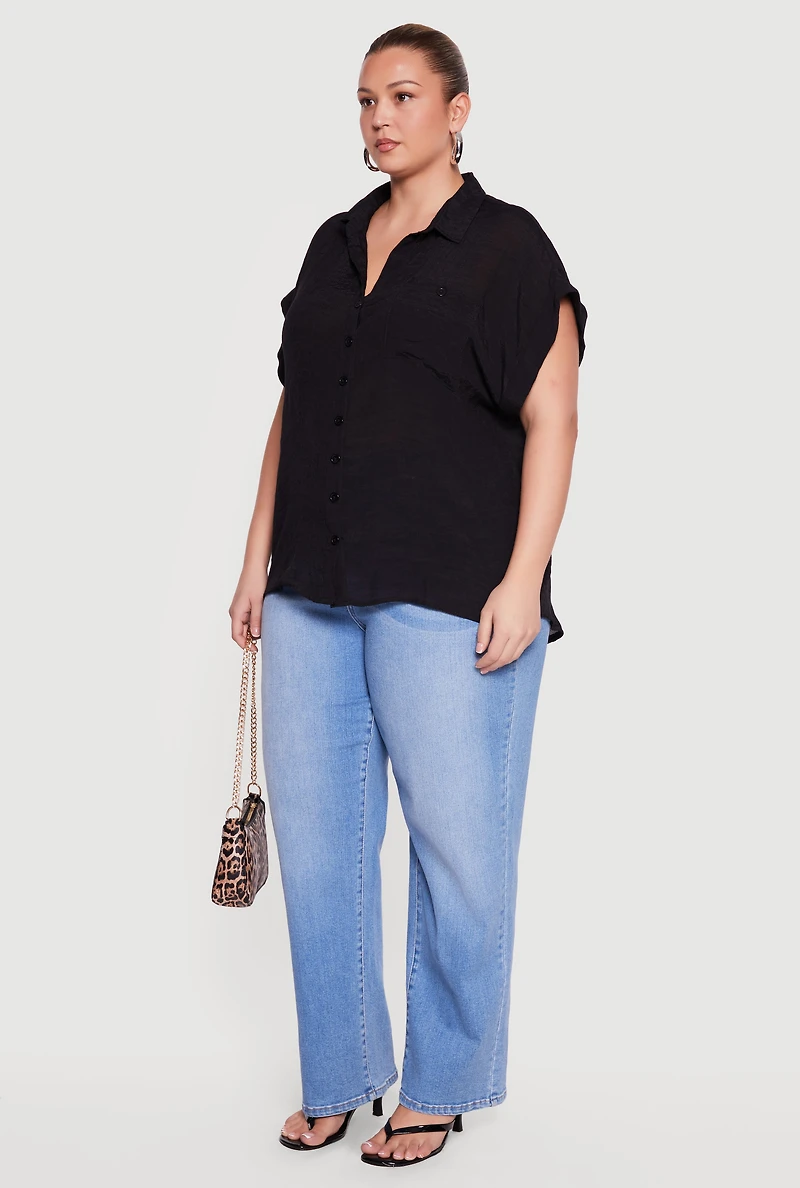 Plus Solid Gauze Knit Short Sleeve Button Front Shirt